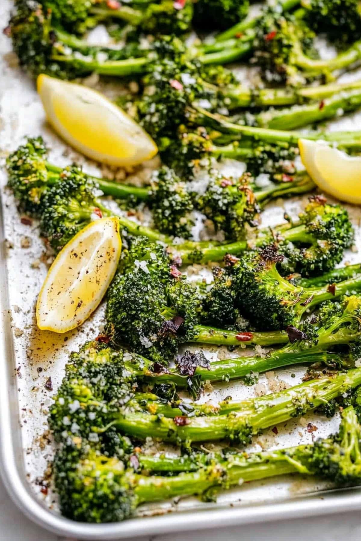 A serving of roasted broccolini, garnished with lemon zest and red pepper flakes.