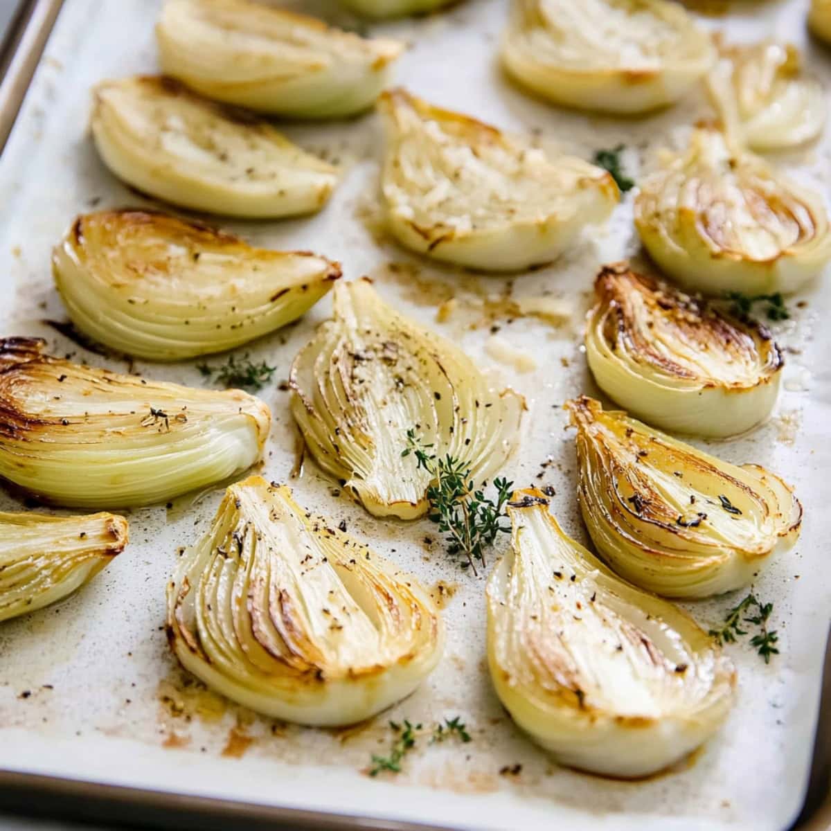 Roasted fennel with thyme in a baking sheet.