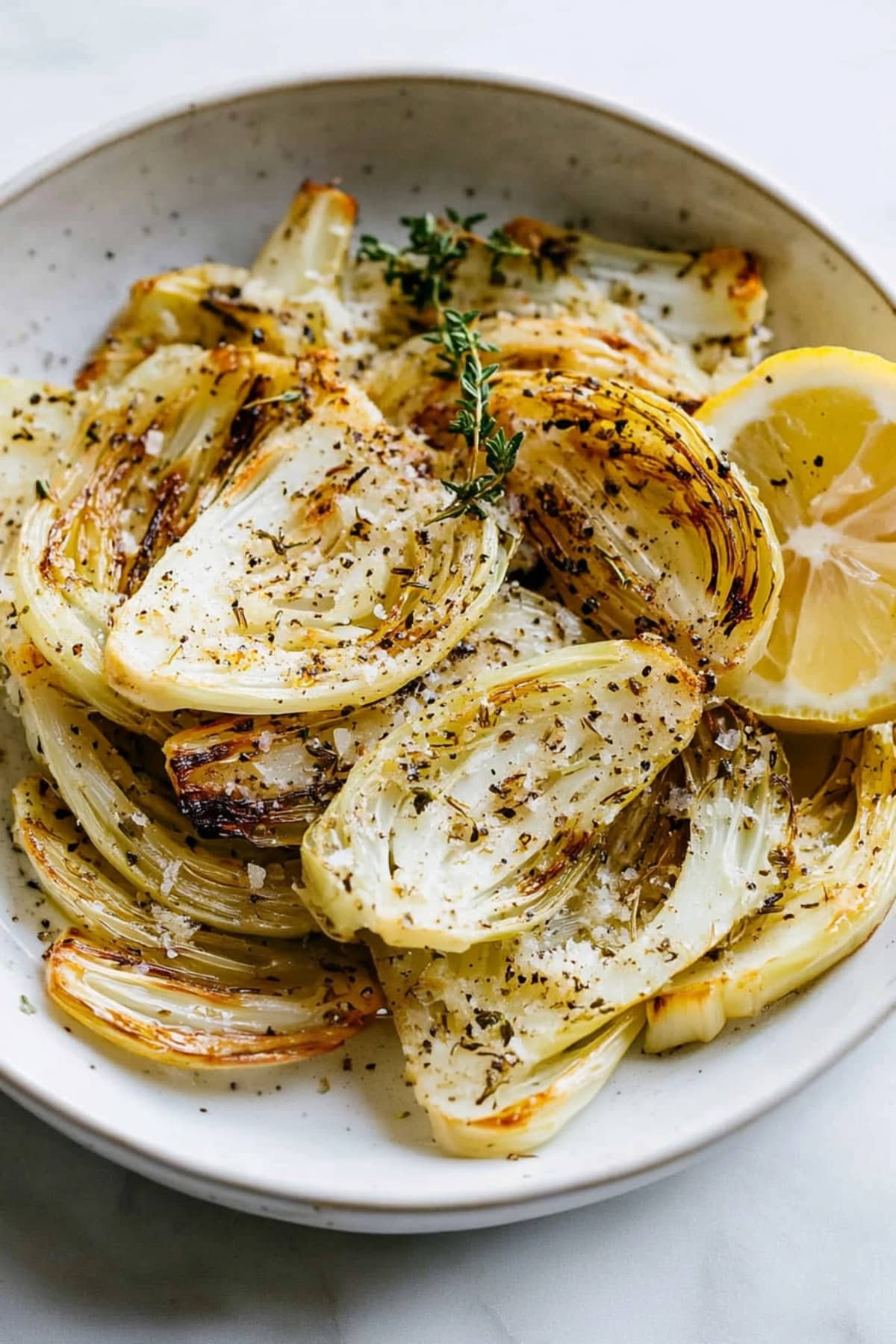 Baked fennel bulbs sliced into wedges with a slice of lemon on the side.