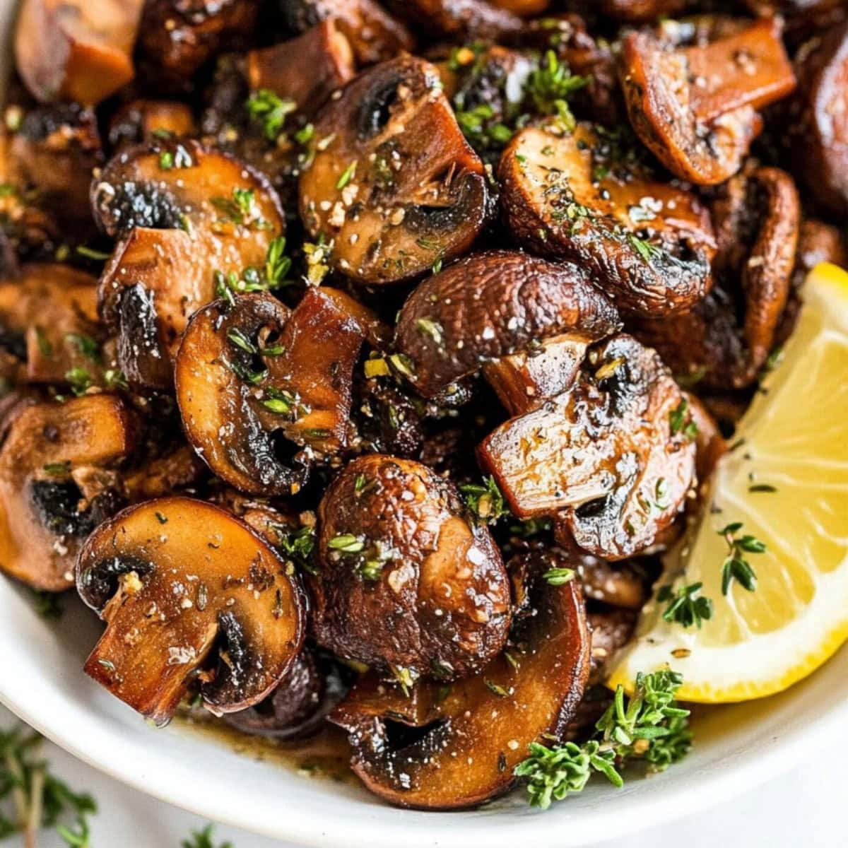 Roasted mushrooms with balsamic vinegar, fresh parsley and lemon wedges.