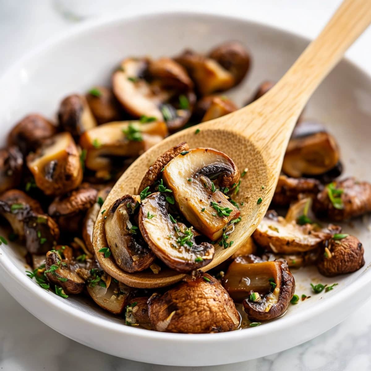 A serving of tender roasted mushrooms with a rich, earthy color in a plate.