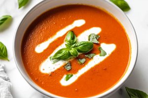 Smooth roasted red pepper soup on a white marble counter top.