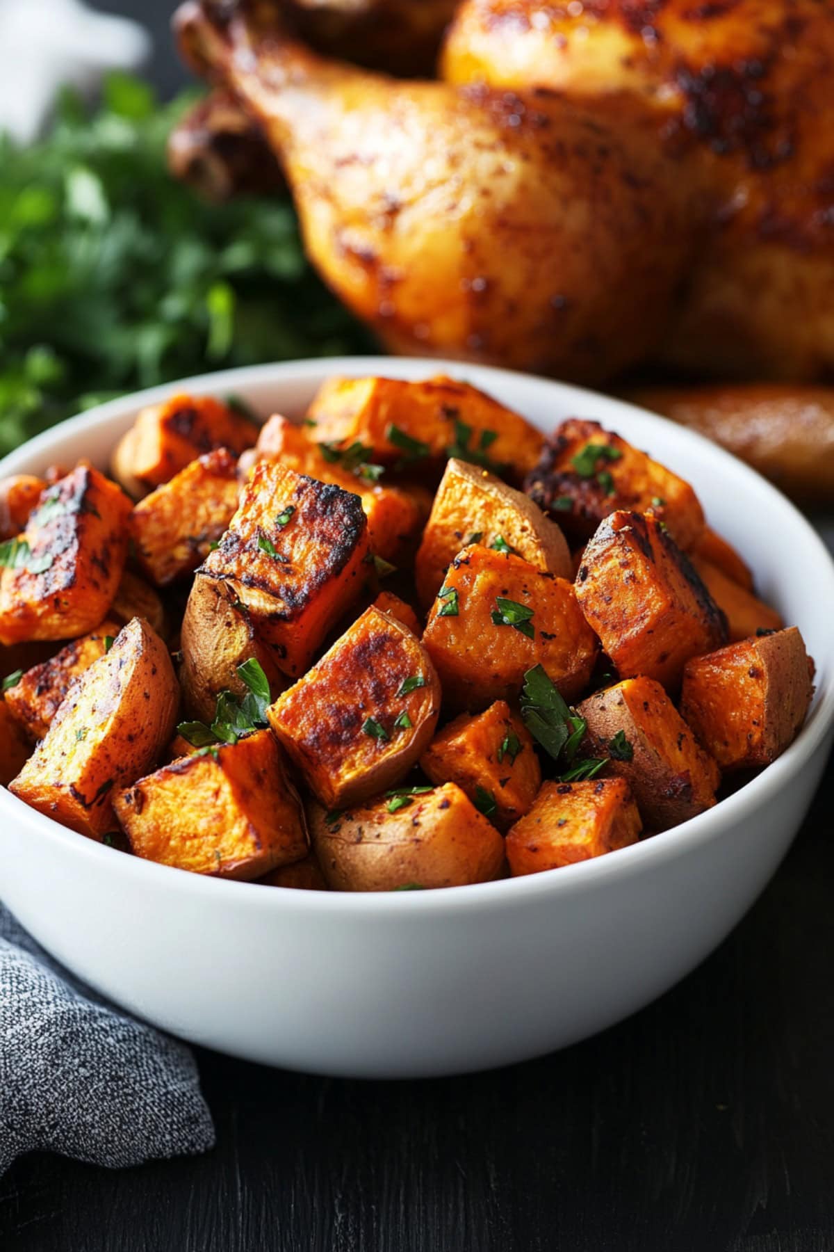 Roasted Sweet Potatoes in a Bowl with Roast Chicken on the Side