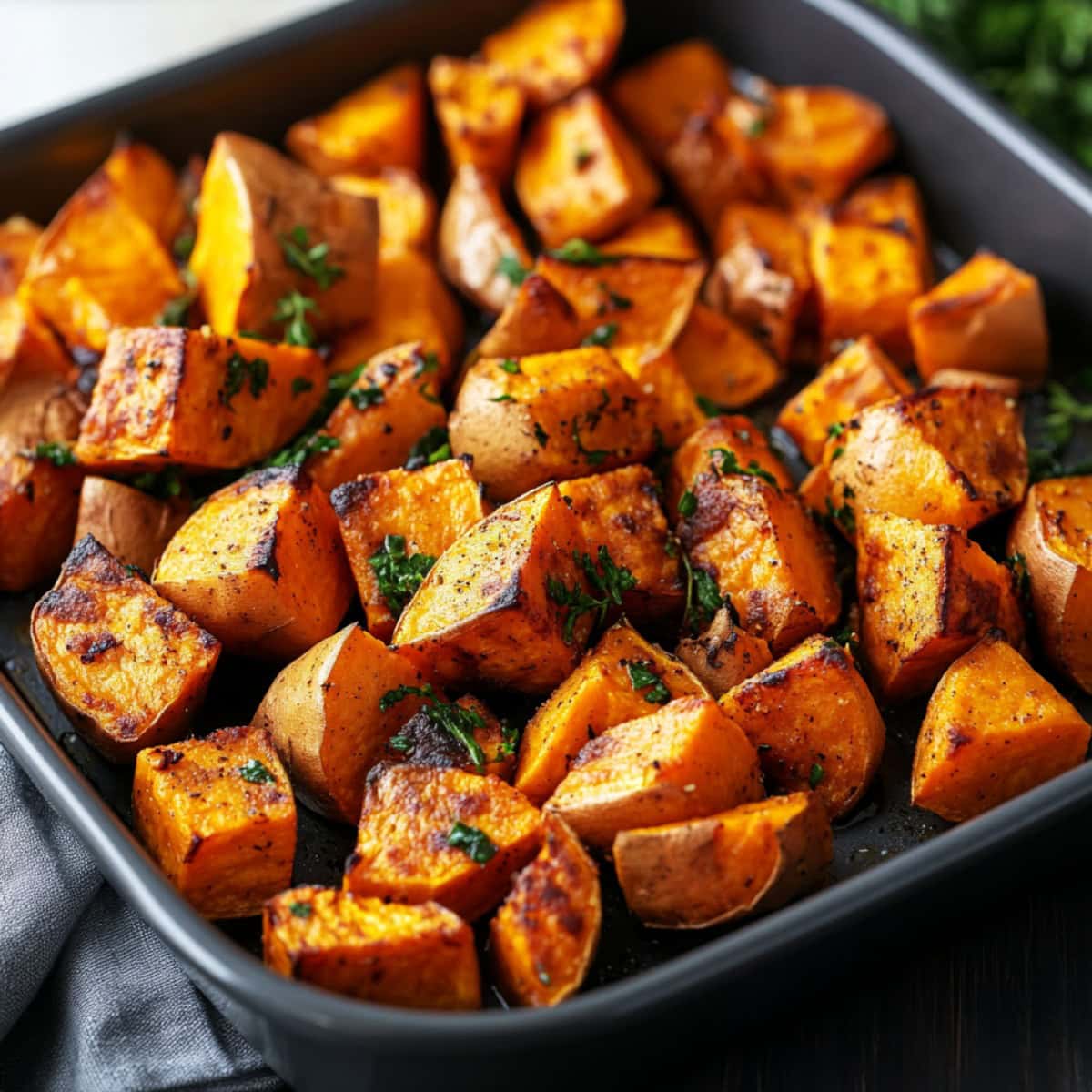 Roasted Sweet Potatoes in a black baking dish