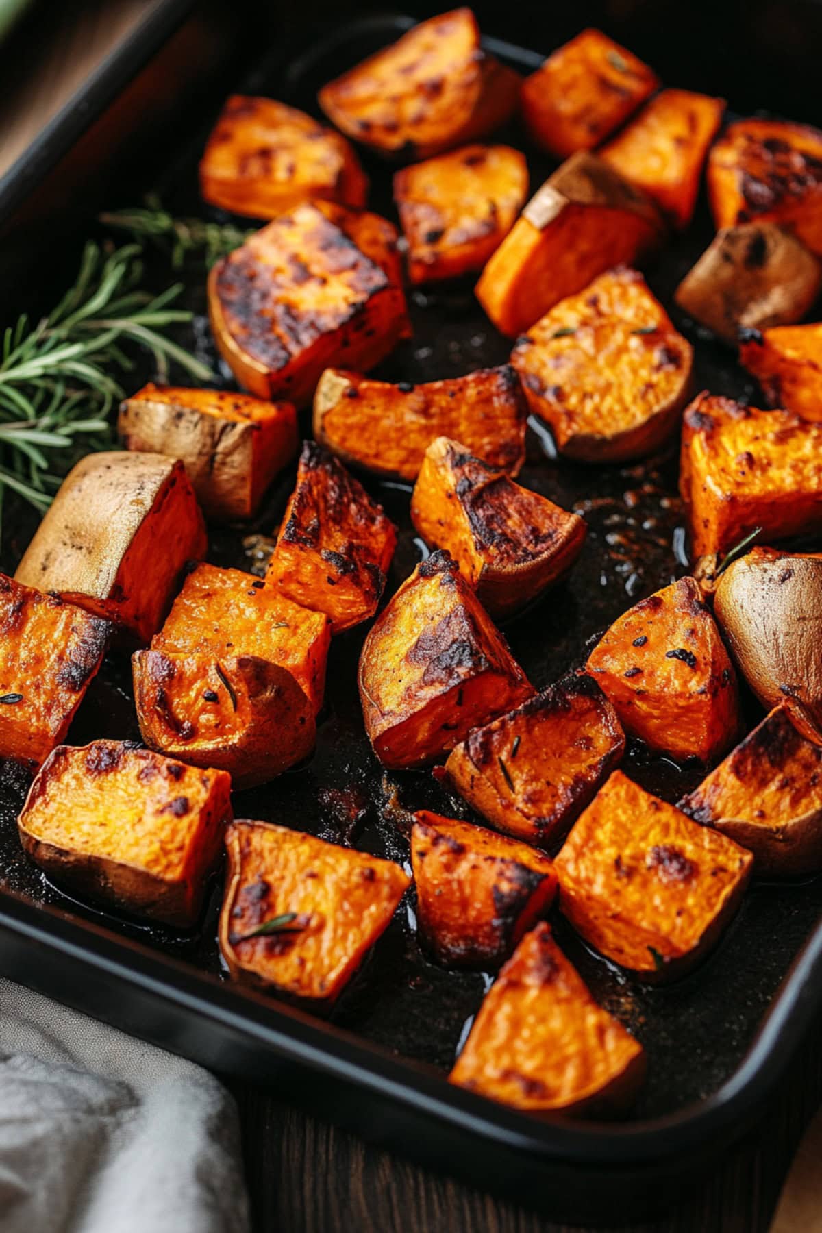 Roasted Sweet Potatoes with fresh herbs in a baking tray, top view