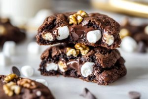 Rocky road cookies stacked on a table, close up