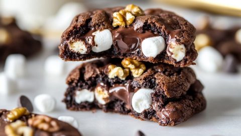 Rocky road cookies stacked on a table, close up