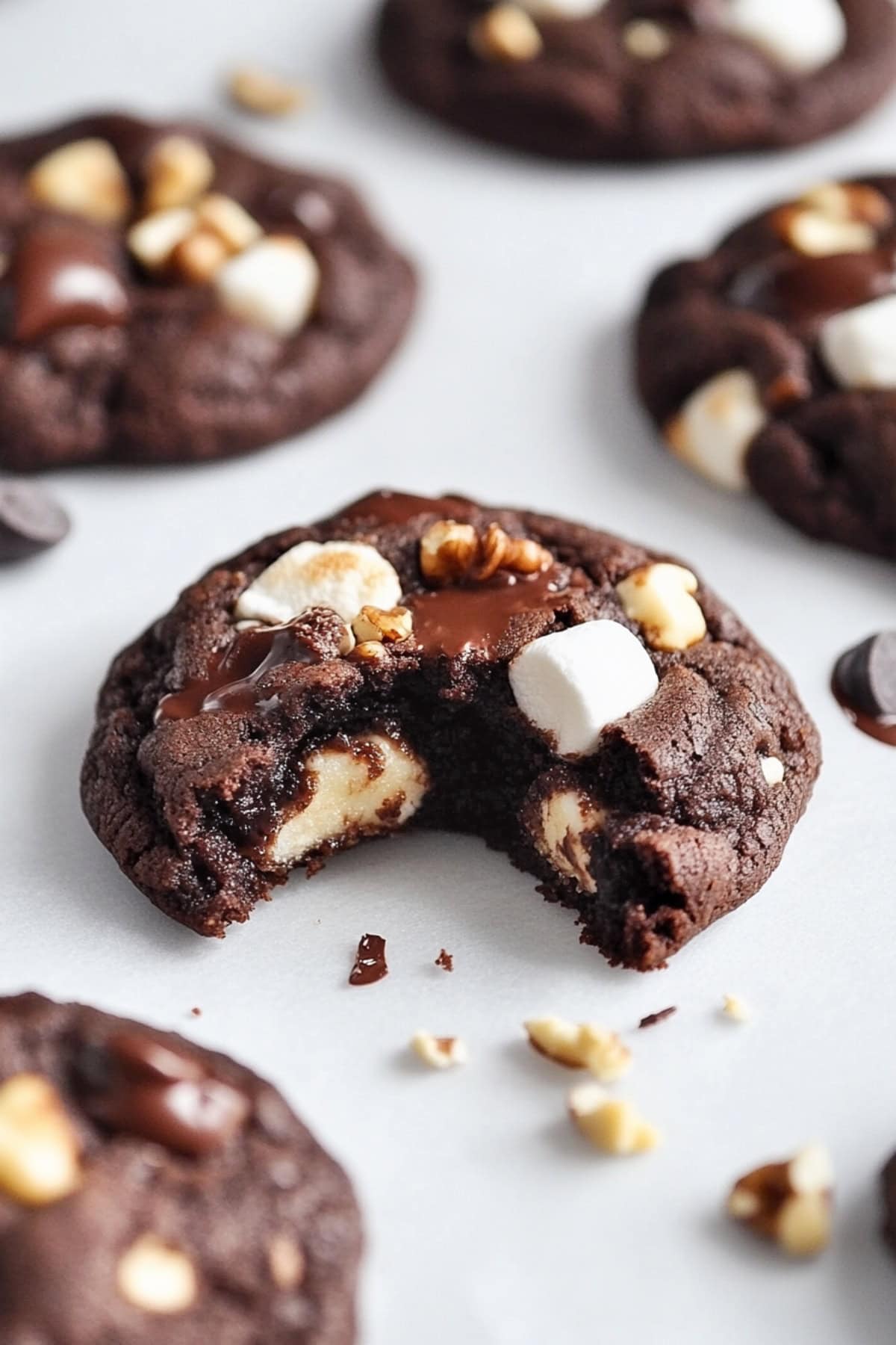 Rocky road cookies on a light table, one has a bite removed