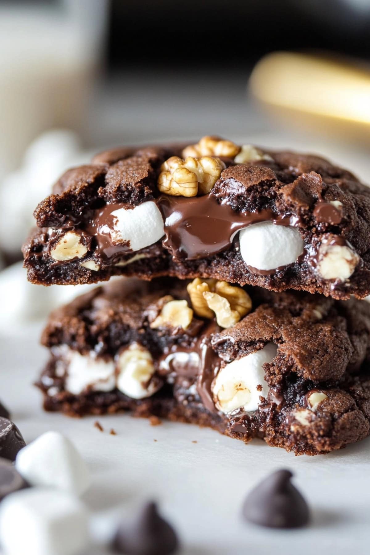 Rocky road cookies stacked on a table, close up