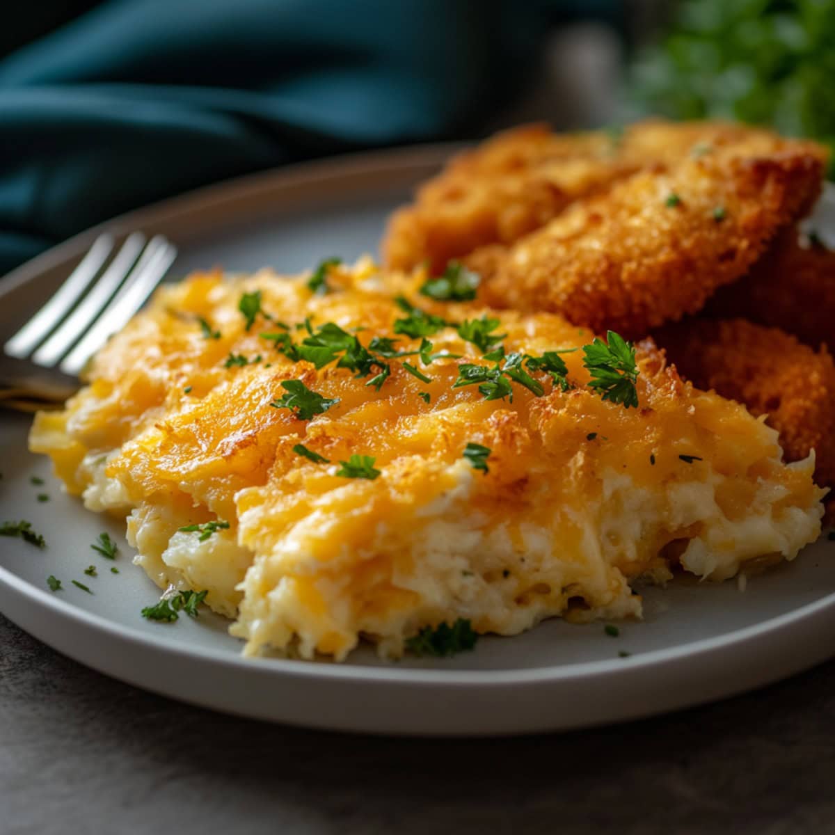 Serving of Cheesy Hashbrown Casserole with breaded chicken