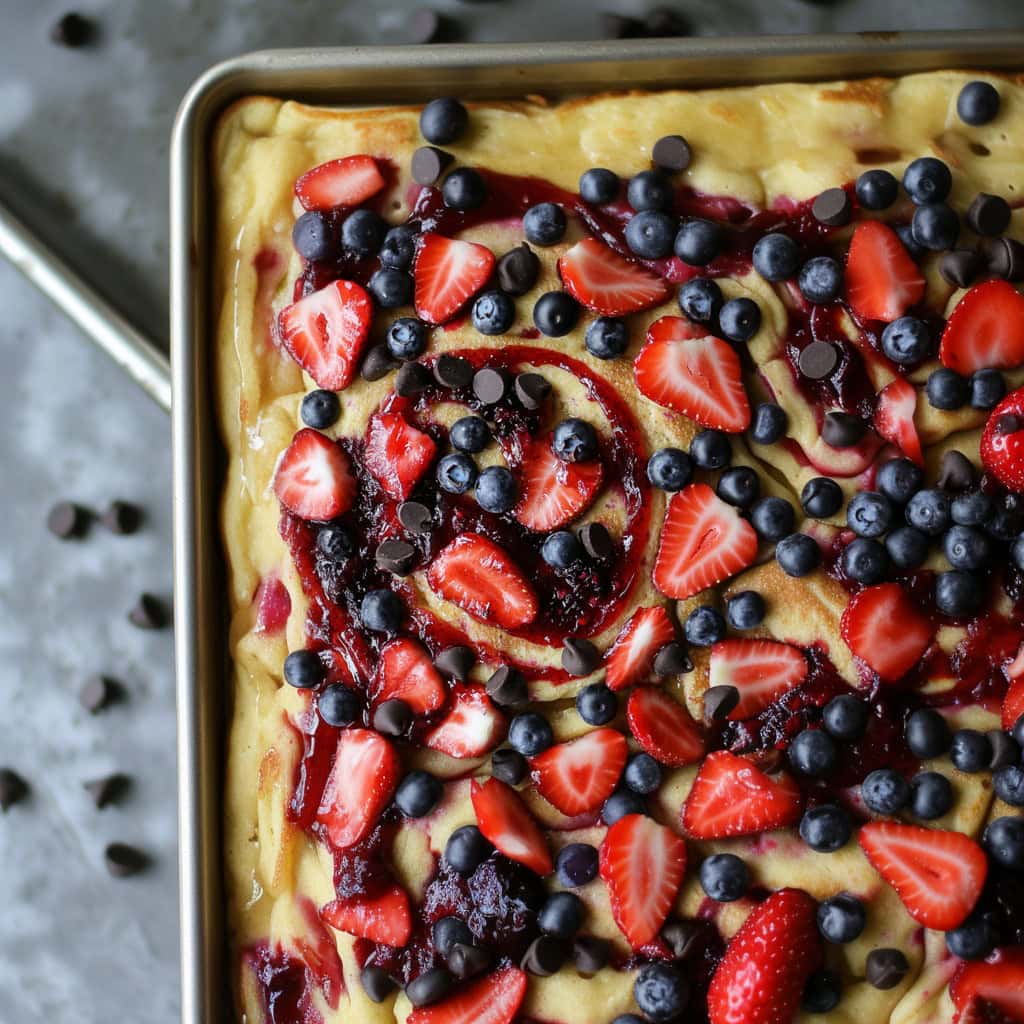 Sheet Pan Pancakes topped with strawberries, blueberries, jam, and mini chocolate chips