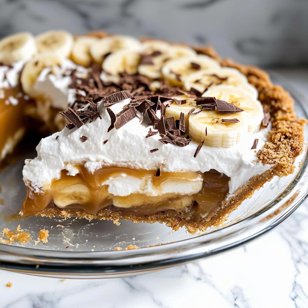 Whole banoffee pie with a sliced removed