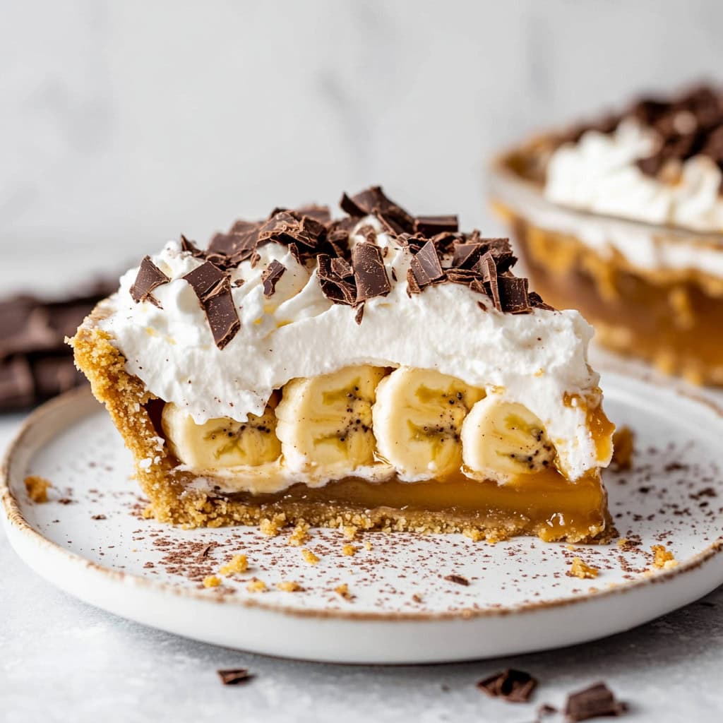 Slice of banoffee pie on a plate, side view, showing the layers