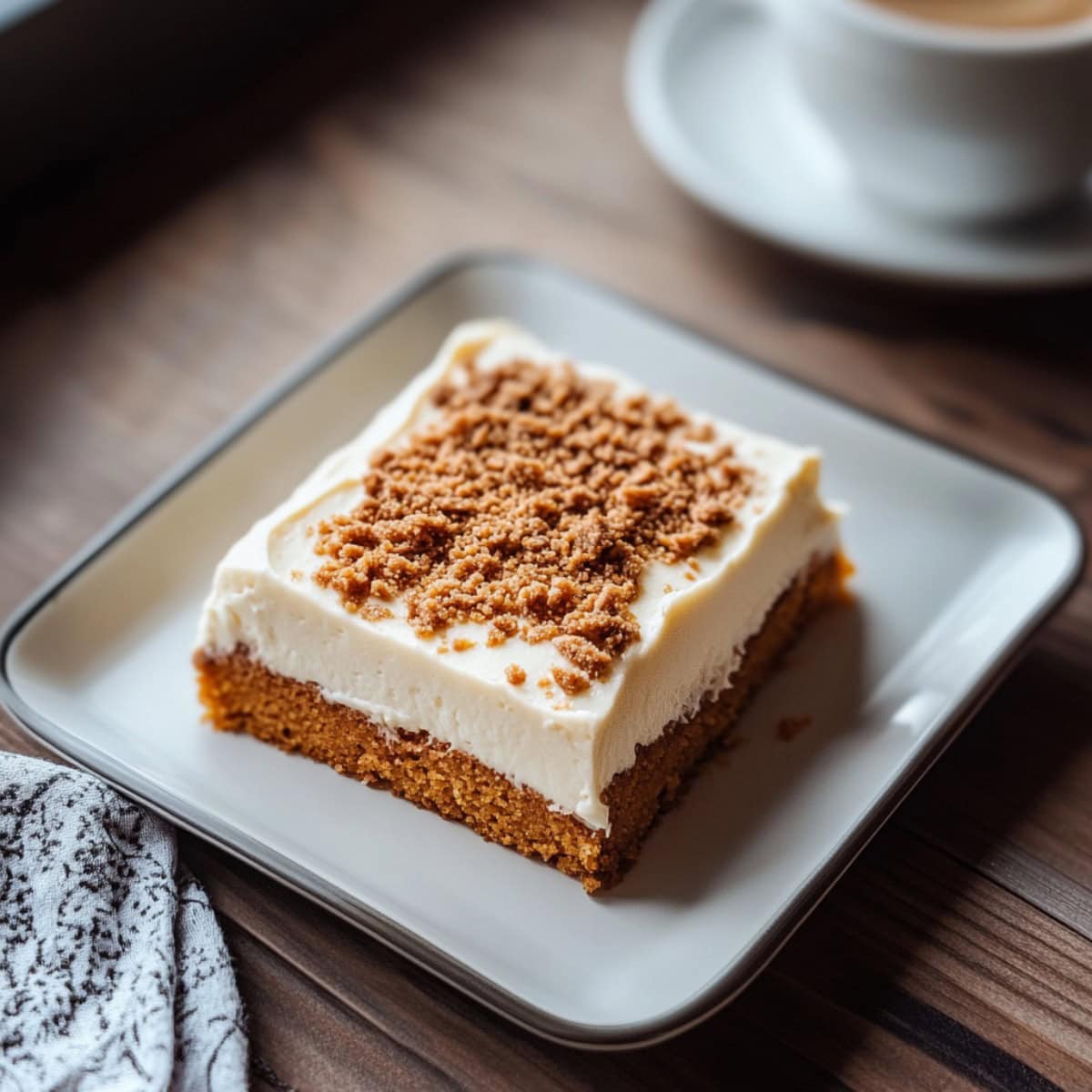 Slice of Sweet Potato Sheet Cake with Cream Cheese Frosting on a plate with coffee on the side