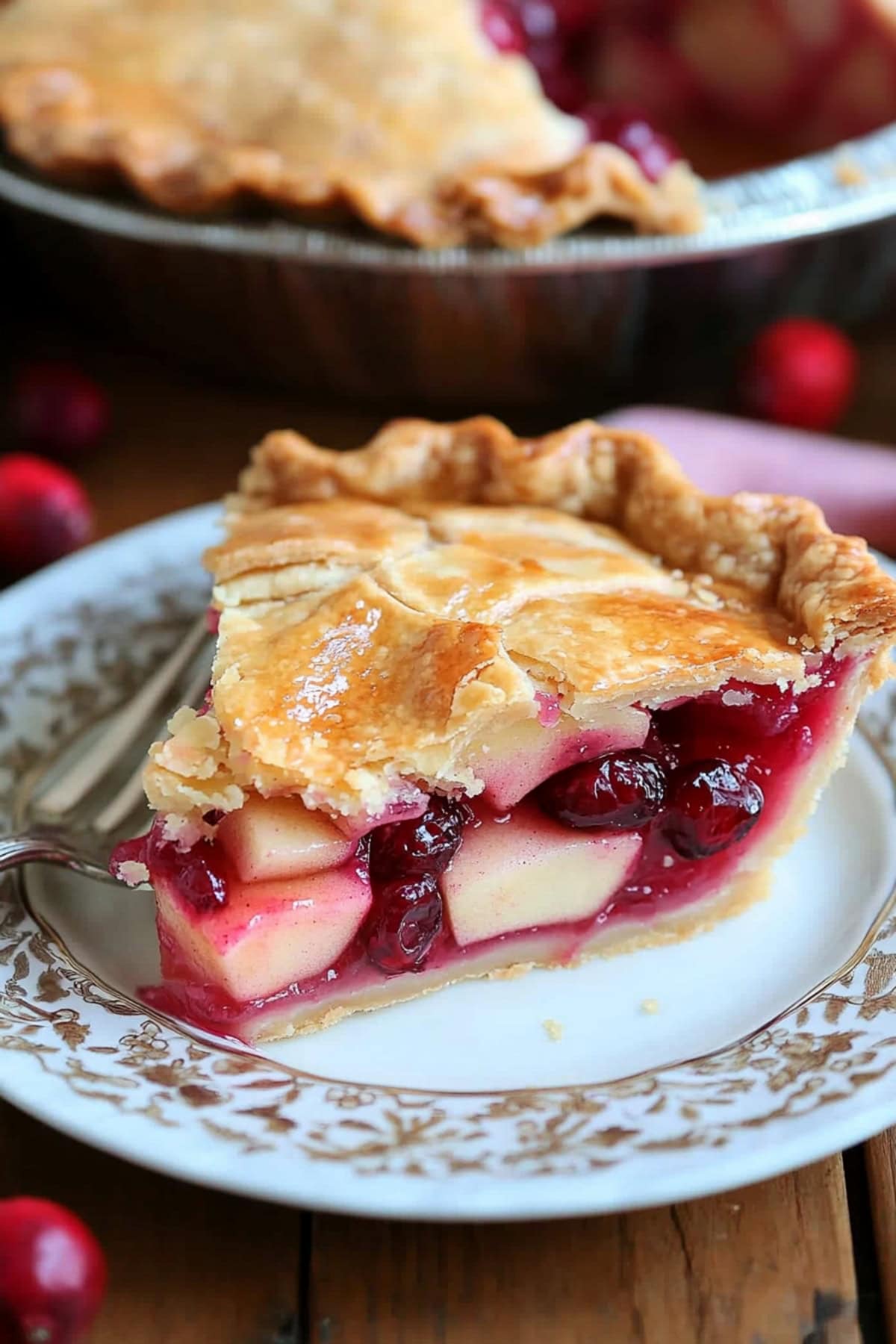 A slice of homemade apple cranberry pie on a plate.