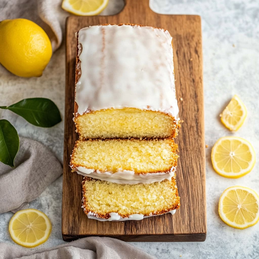 Moist Lemon Loaf Cake sliced on a chopping board