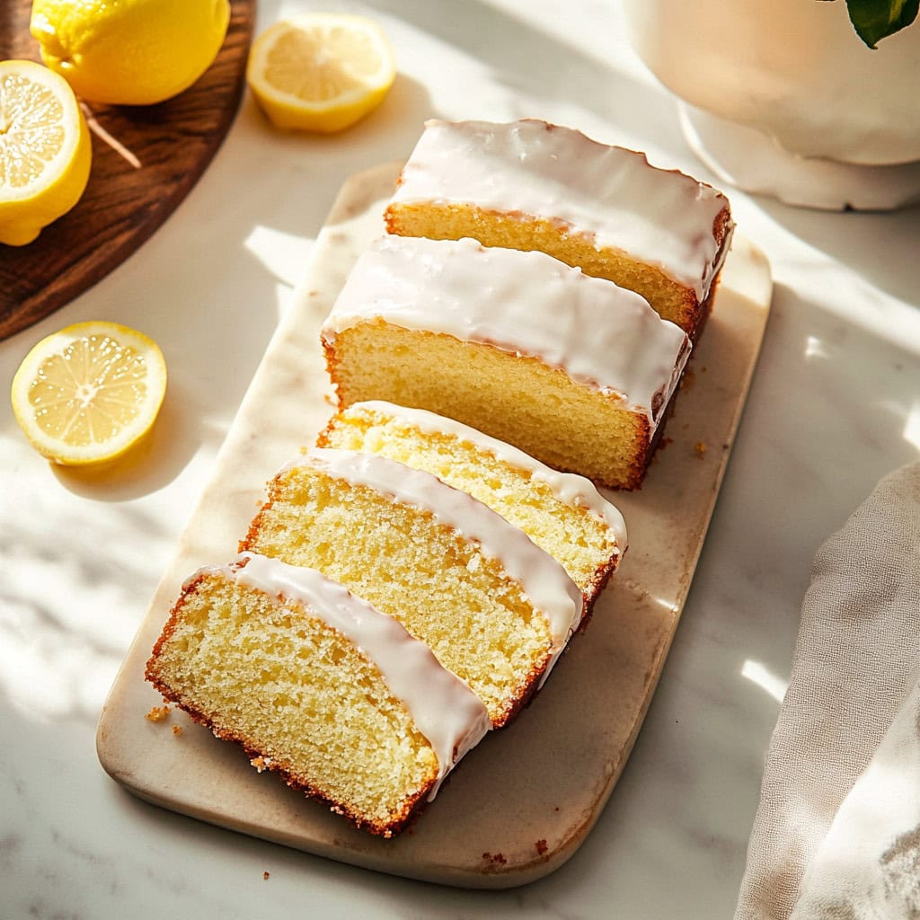 Moist Lemon Loaf Cake sliced on a chopping board, top view