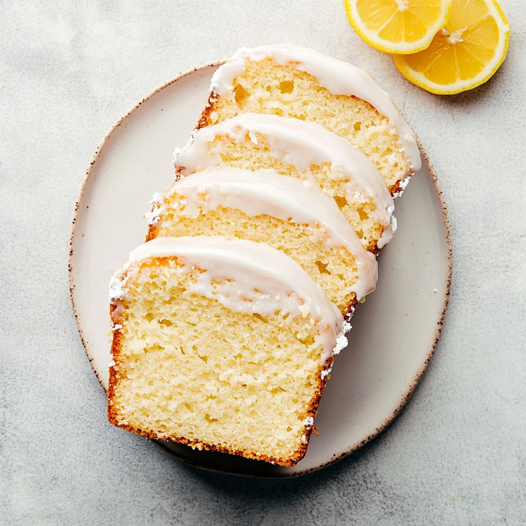 Moist Lemon Loaf Cake sliced on a plate