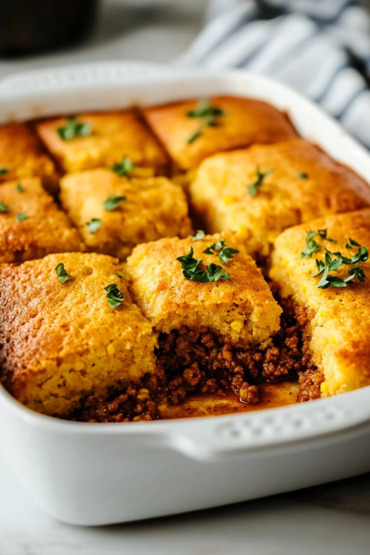 Sloppy Joe Cornbread Casserole in a baking dish