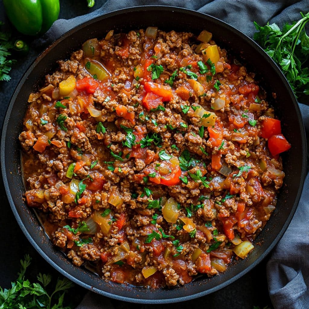 Sloppy Joe Ground beef filling in a skillet