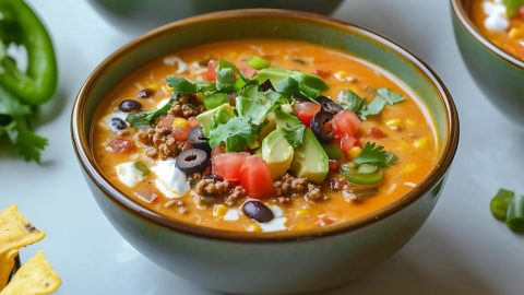 Slow cooker nacho soup served in a green bowl.