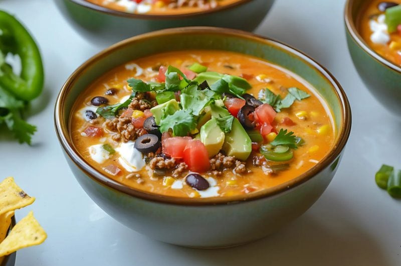 Slow cooker nacho soup served in a green bowl.