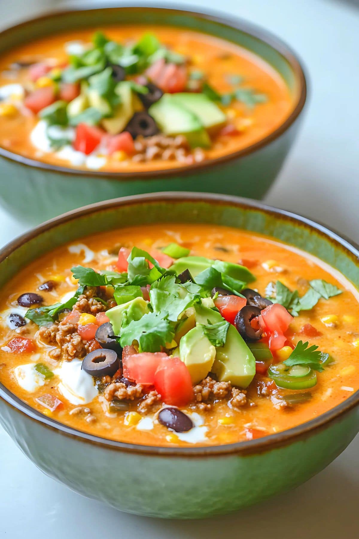 Two servings of nacho soup in green bowls garnished with avocados, salsa and sour cream.