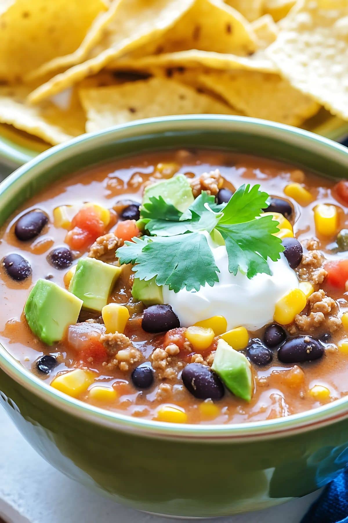 A serving of nacho soup served in green bowl garnished with sour cream, avocado slices and salsa.