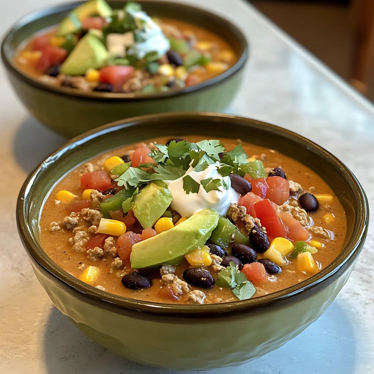 Nacho soup served in green bowls garnished with avocado slices, sour cream and salsa.