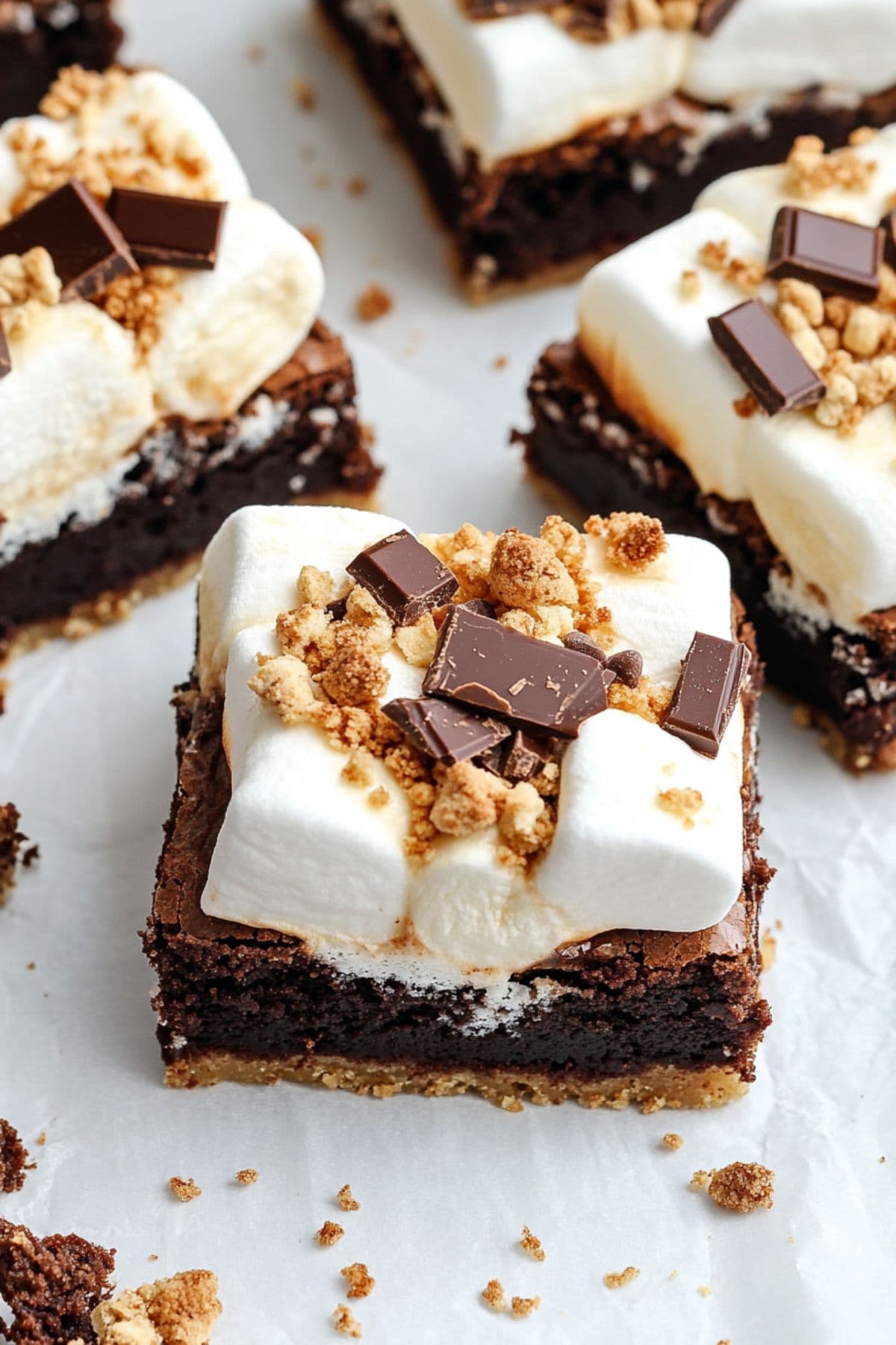 Square slices of s'mores brownies lying on a parchment paper, top view