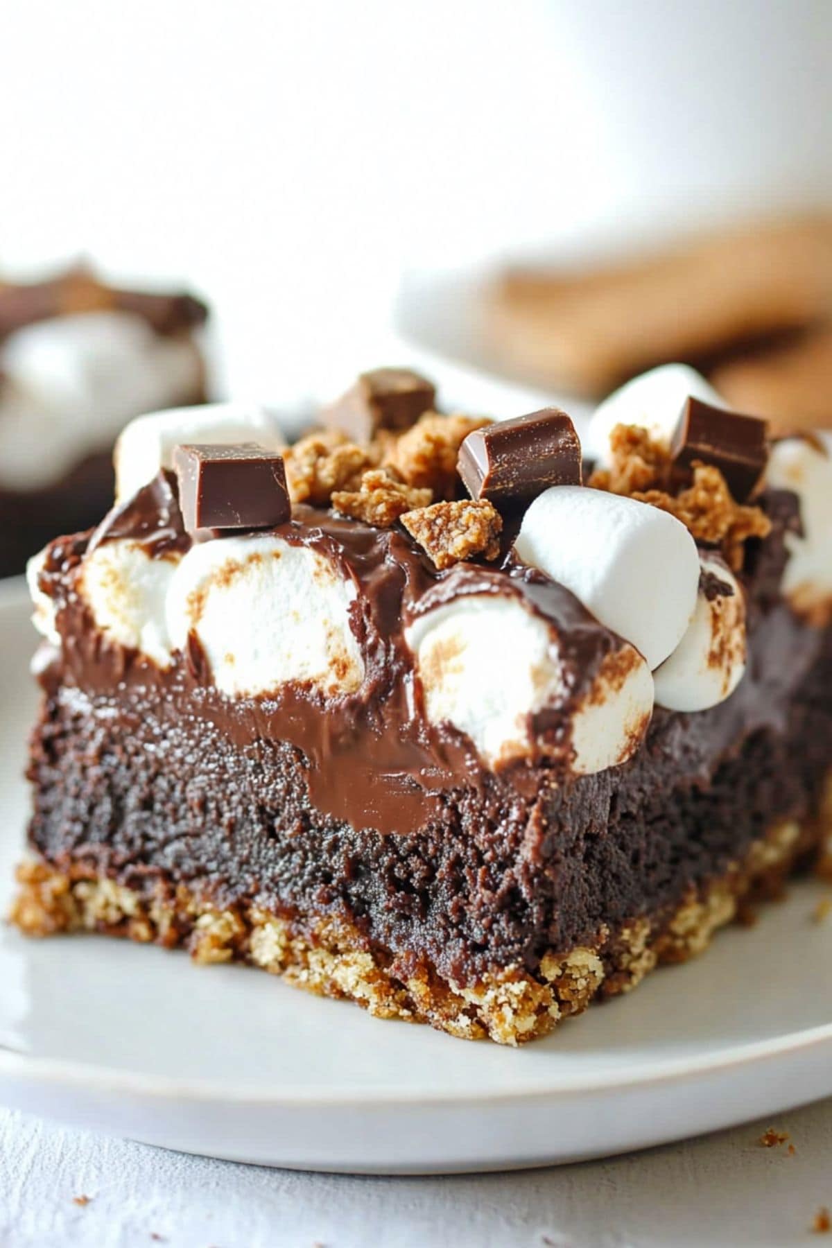 A slice of fudgy brownie with graham crust, topped with marshmallow and chocolate.