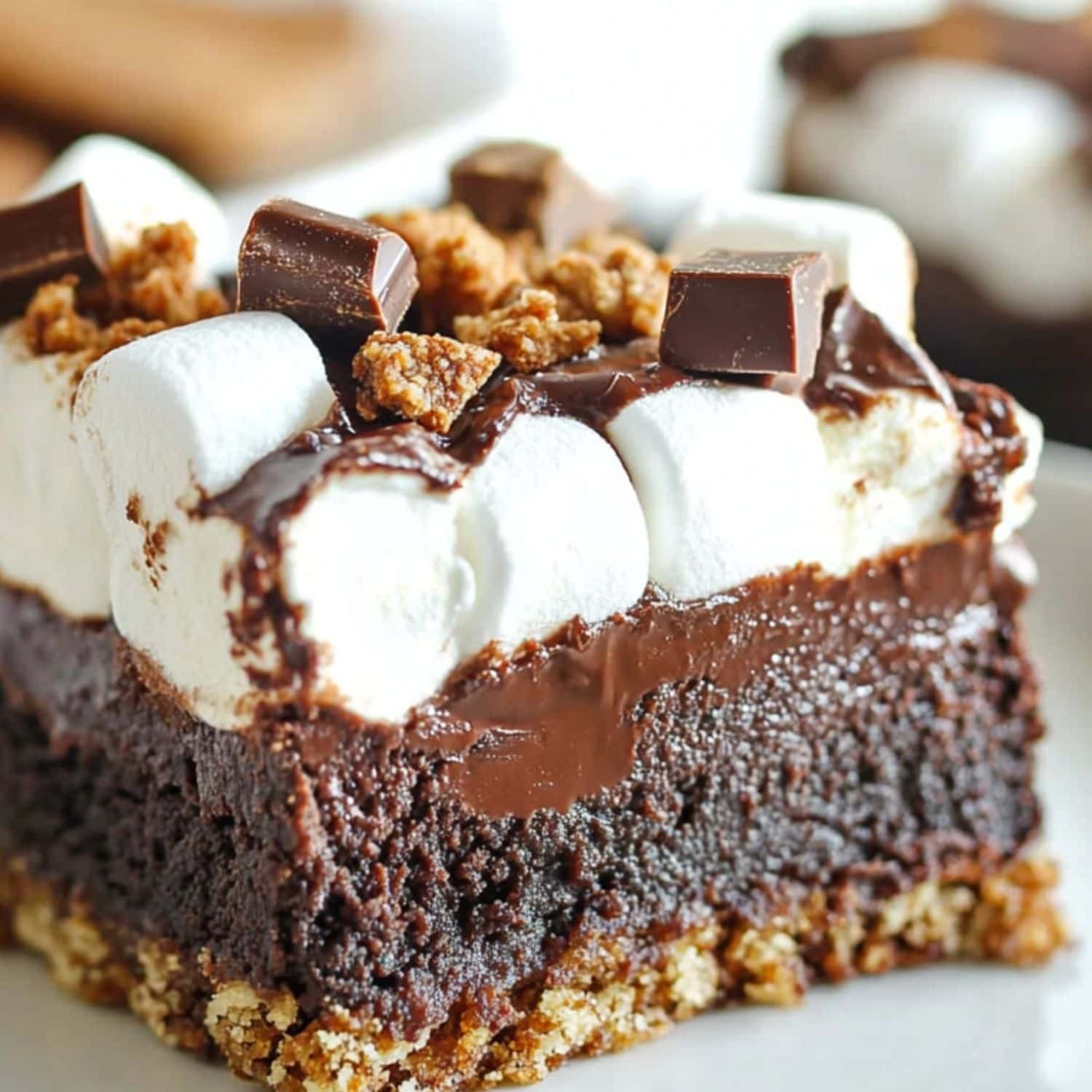 Square slice of s'mores brownie with chewy marshmallows, gooey chocolate, and a graham cracker crust, close up.