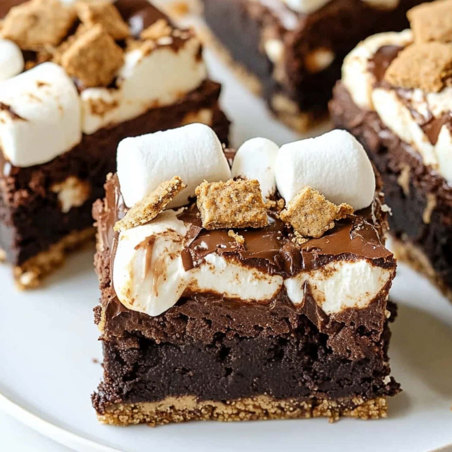 S'mores brownie slices on a white plate.