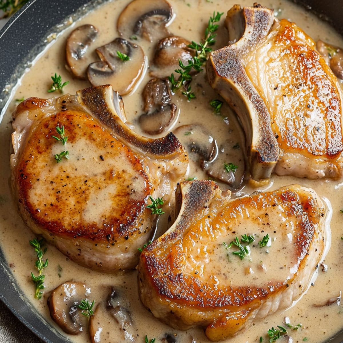 Porkchops nestled on top mushroom gravy in a skillet pan.