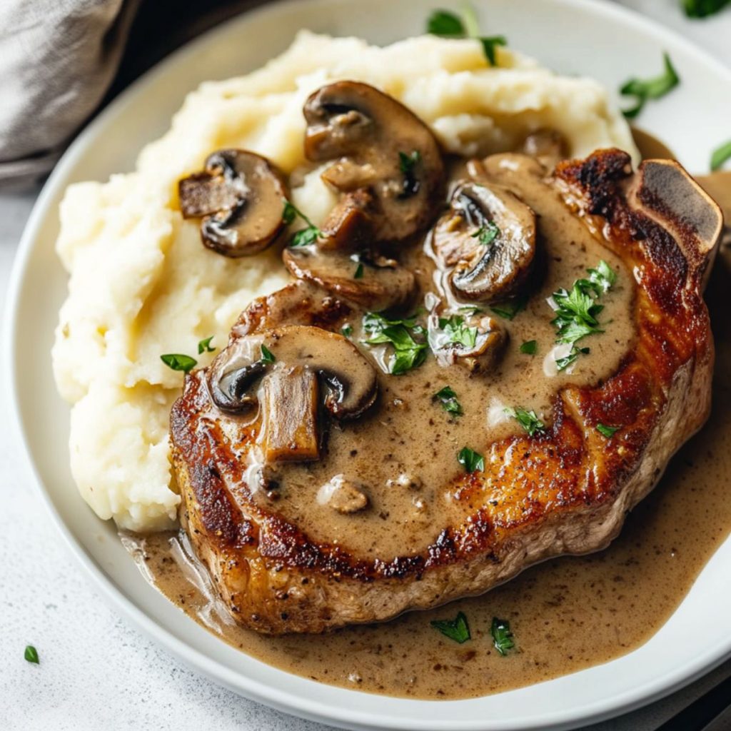 Smothered porkchops with mushroom gravy served on top of mashed potato. 