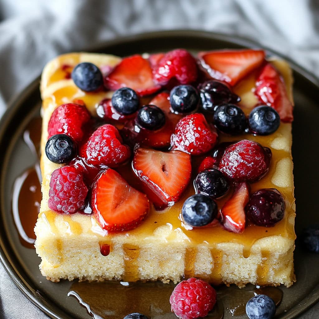 Square slice of a sheet pan pancake topped with mixed berries and syrup