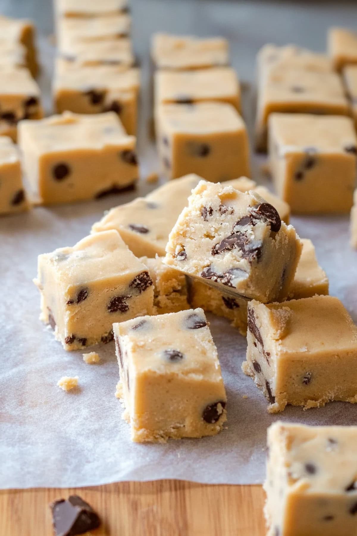 Squares of cookie dough fudge on parchment paper