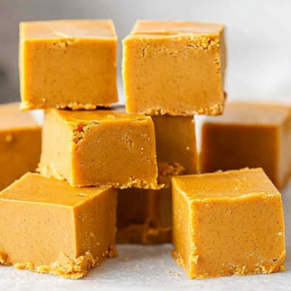 Squares of Pumpkin Fudge Stacked on a Table, side view