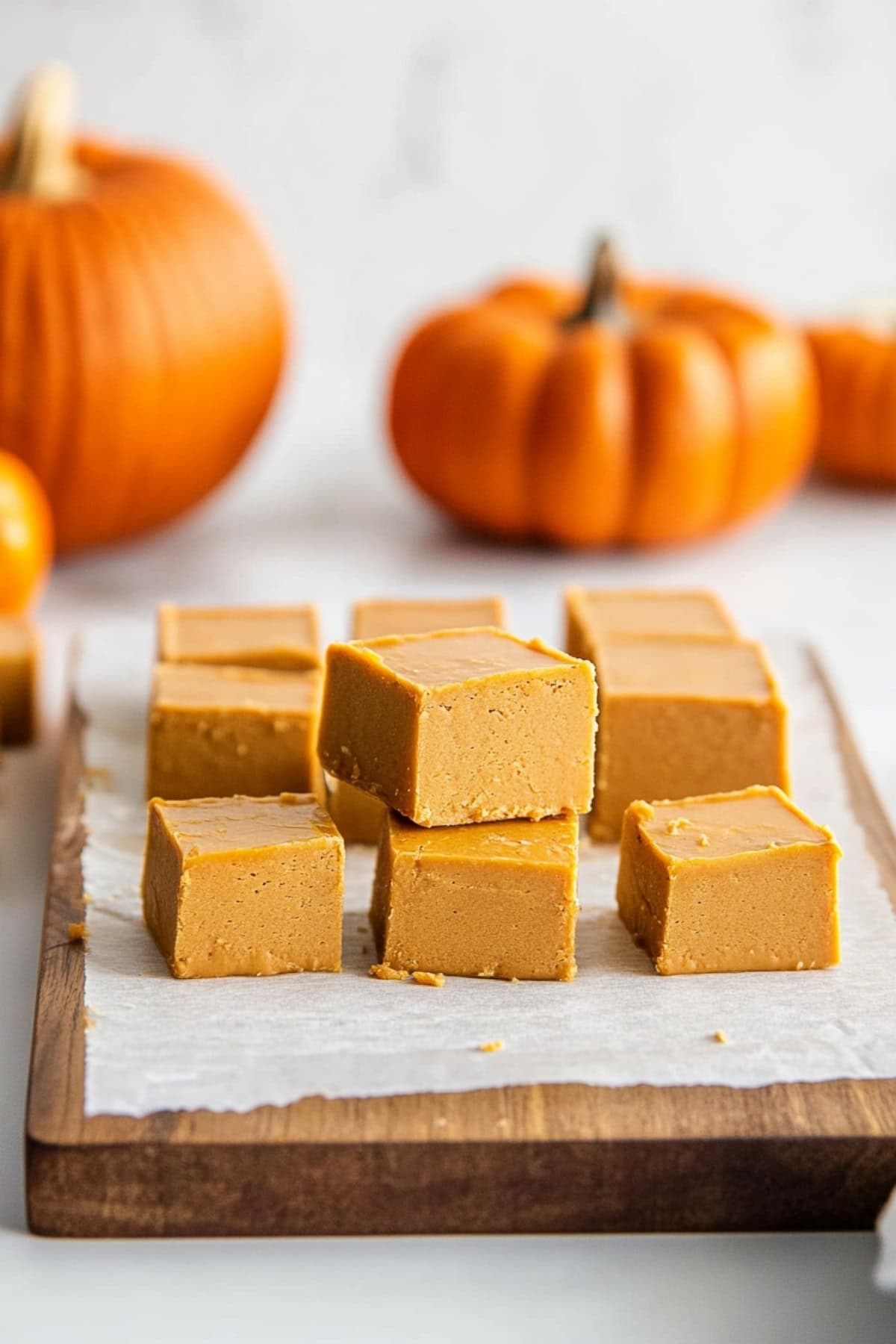 Squares of pumpkin fudge on a chopping board with pumpkins in the background