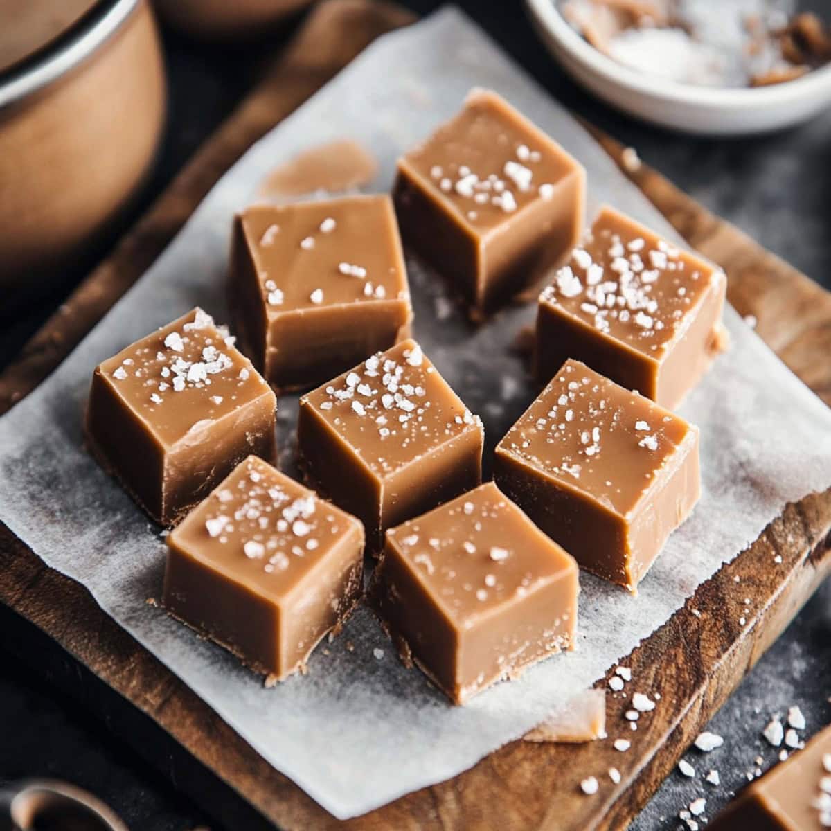 Squares of Salted Caramel on A Chopping Board