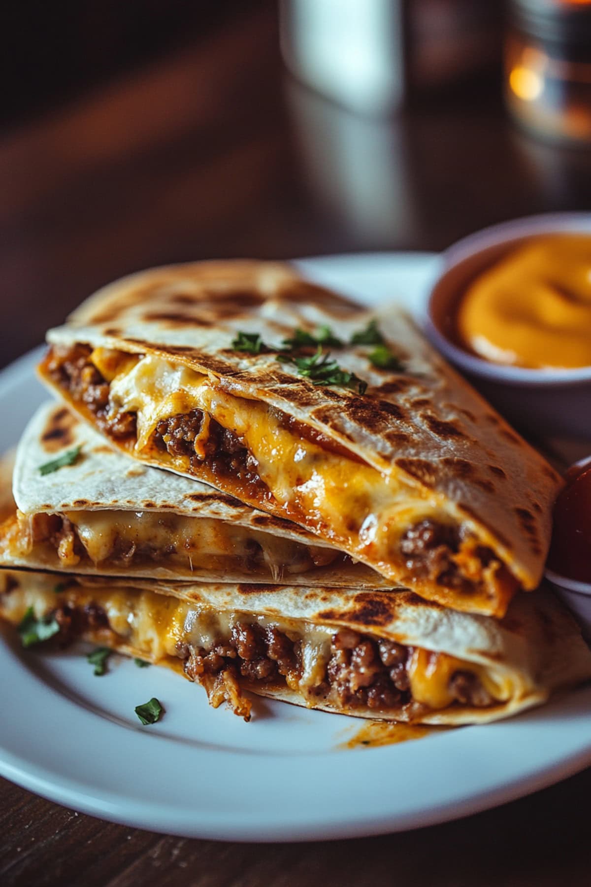 Stacked Cheeseburger Quesadilla on a plate