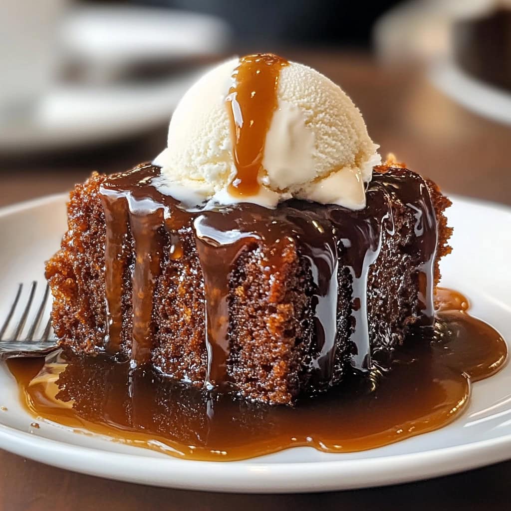 Sticky Toffee Pudding serving on a plate with ice cream and toffee sauce