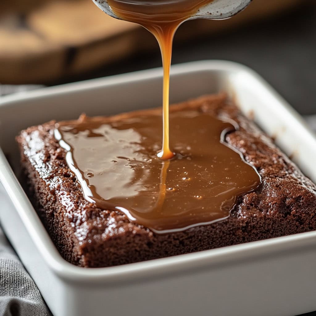 Sticky toffee pudding with caramel being poured over the top