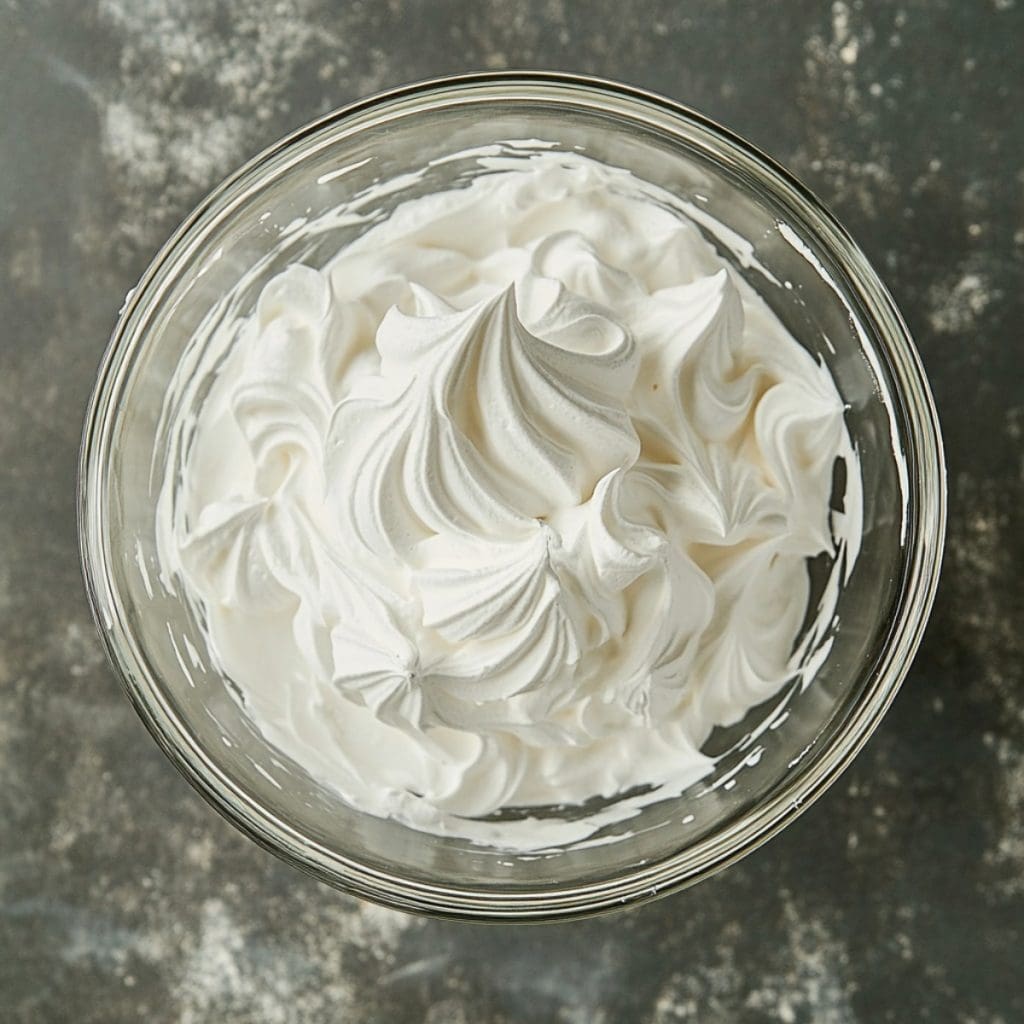 Stiff peaks of glossy meringue in a glass bowl, top view