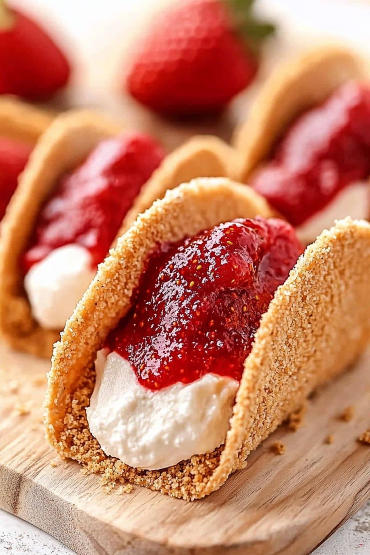 Cheesecake filling and strawberry filled tacos arranged in a wooden board.