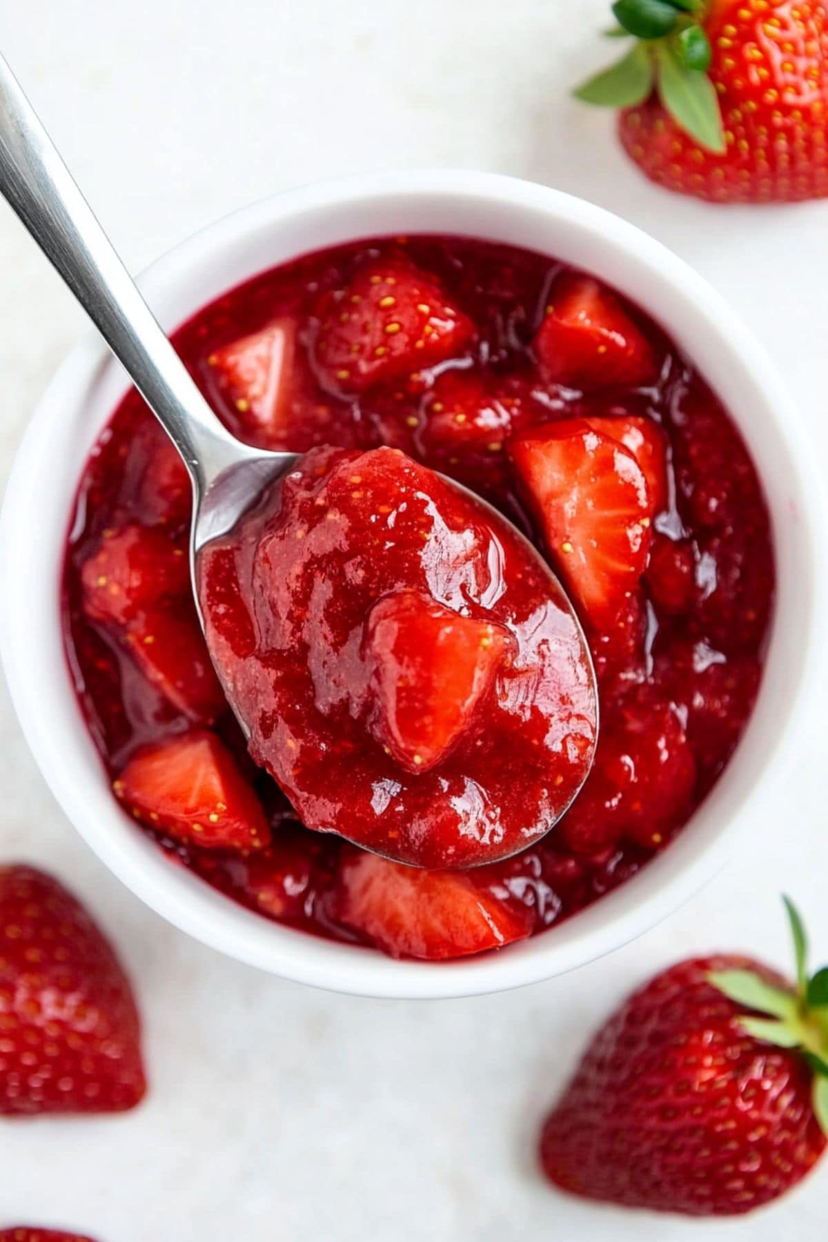 Spoon scooping strawberry sauce from white bowl.