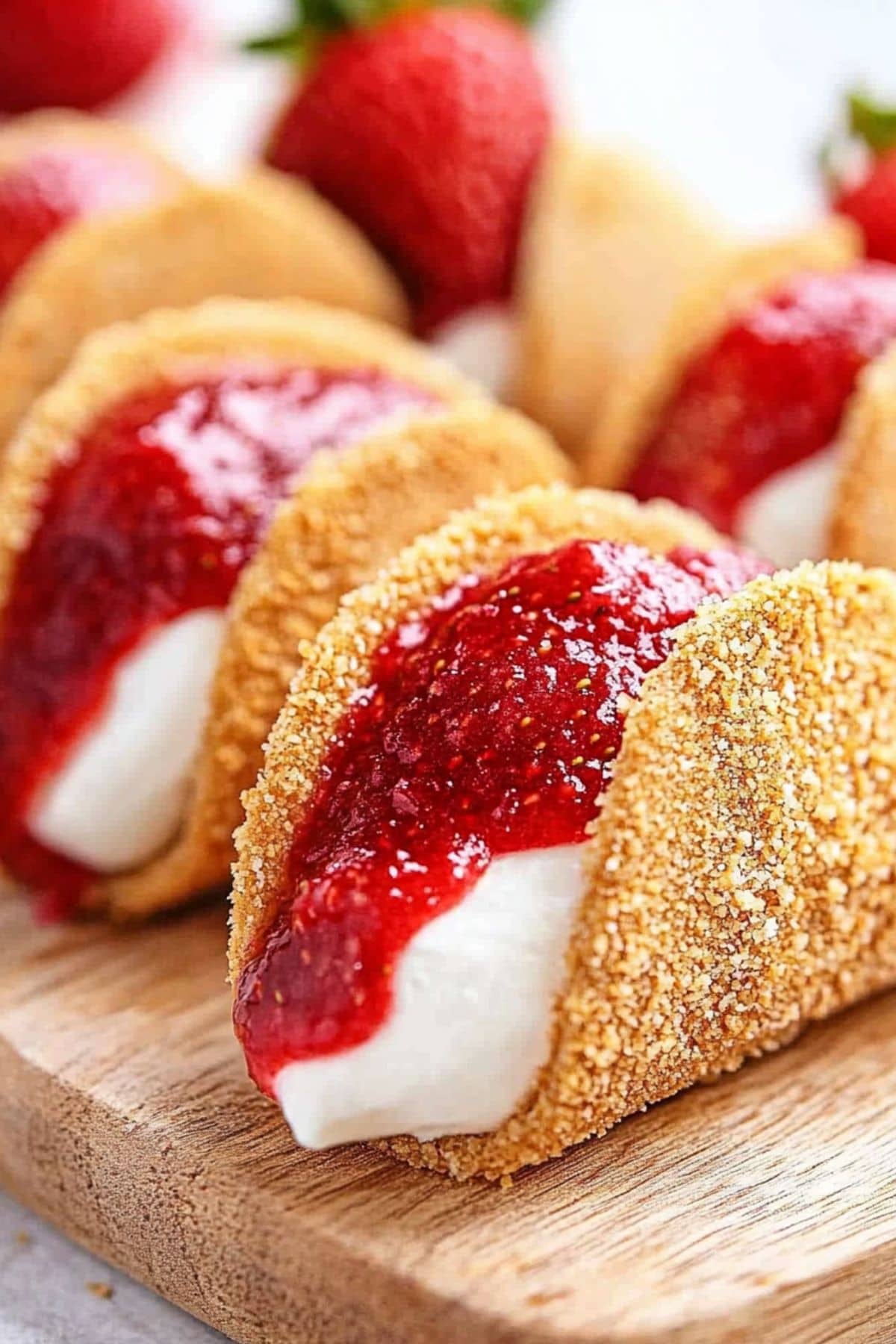 Crushed grahams coated tortilla flour filled with cheesecake filling and strawberry sauce on top.