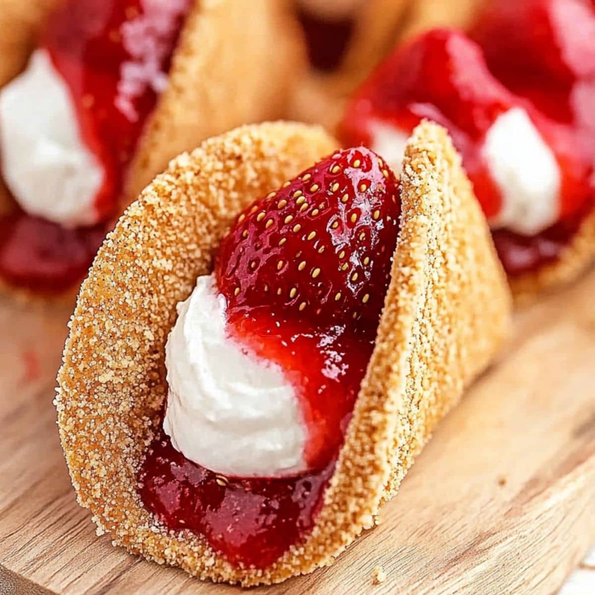 Strawberry cheesecake tacos arranged in wooden board.