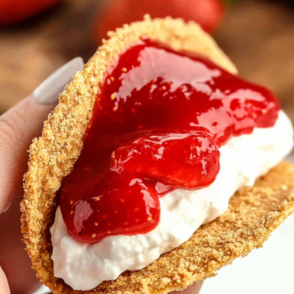 Hand holding strawberry cheesecake tacos.