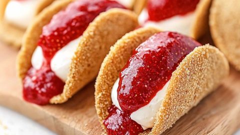 Strawberry cheesecake tacos arranged in a wooden board.